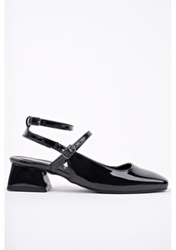 Resim Muggo Chopra Kare Burun Çift Kemerli Bilekten Bağlamalı Arkası Açık Kısa Topuklu Ayakkabı Sıyahrugan 