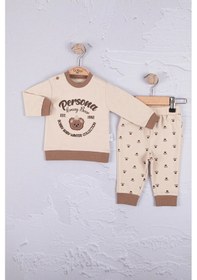Resim Babydonat Persona Bear Nakışlı % 100 Pamuk 2'li Erkek Bebek Takım Krem 