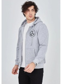 Resim Barlashive Erkek 3 İplik Pamuklu Fermuarlı Kapüşonlu Kanguru Cepli Baskılı Hoodie Hırka Sweatshirt -gri Çok Renkli 