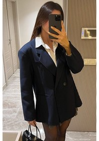 Resim Kadın Oversize Kruvaze Blazer Ceket Uzun Kollu, Şık Ve Günlük Klasik Ceket-lacivert - L Lacivert 