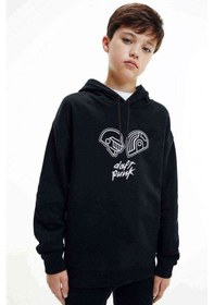 Resim Daft Punk Helmet & Yazı Baskılı Unisex Çocuk Kapüşonlu Sweat Siyah 