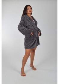 Resim Kapşonlu Unisex Wellsoft Peluş Bornozl-- L - XL-SİYAH-SABAHLIK 