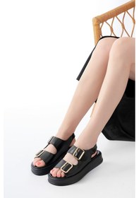 Resim 1187 Siyah Dolgu Topuk Lastik Baretli Kadın Sandalet Altın - Taba 