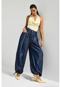 Resim Itsbasic Kadın İndigo 7s6-50 Süper Ballon Fit Bol Kesim Paça Detaylı Tasarım Denim Jean 