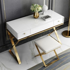 Resim Hitit Dekorasyon Alisha Gold Metal Beyaz Makyaj Masası & Tabure 