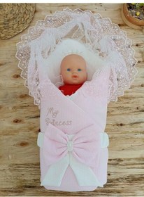 Resim Bal Peteği My Princess Taç Nakış İnci Fiyonklu Dantel Duvaklı Delüks Kundak Bebek Battaniyesi Pembe 