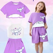 Resim Kız Çocuk Üç Parça Takım: Sanrio Karakter Baskılı Tişört ve Şortlu Atlet Üstü, Cinnamoroll Büyük Kulaklı Köpek Desenli Sevimli Her Mevsim İçin Uygun 