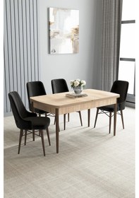 Resim Zümra Serisi, Meşe Desen 80x132 Açılabilir Mdf Mutfak Masası Takımı 4 Adet Sandalye, Siyah 