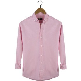 Resim Erkek Pembe İnce Dik Çizgili Yakası Düğmeli Uzun Kollu Gömlek Pembe 