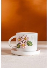 Resim Rivaistanbul Pembe Çiçekli Amore El Yapımı Seramik Double Kahve Fincanı Mug Kupa Krem 