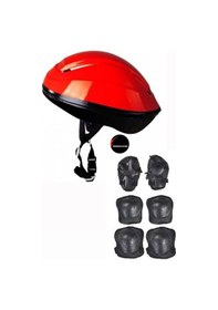Resim Çocuk Kask Dizlik Dirseklik Ellik Set 7 Parça Scooter Bisiklet Paten Kaykay Koruyucu Set Kırmızı 