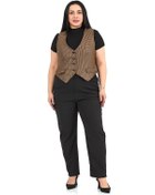 Resim Büyük Beden Düğme Kapamalı Cep Kapaklı Astarlı Kısa Küçük Kazayağı Desenli Vizon Yelek Vizon 