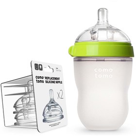 Resim Comotomo Silikon Biberon 250ml Yeşil + 2'li Yavaş Akışlı Biberon Emziği 