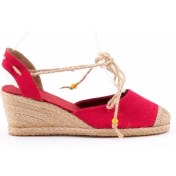 Resim Bilekten Bağcıklı Topuğu Açık Dolgu Topuk Kırmızı Keten Hasır Espadril 