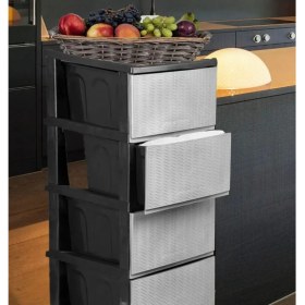Resim Silkyra Büyük Boy Siyah 4 Çekmeceli Gri Hasır Kapaklı Plastik Komidin Sebzelik 