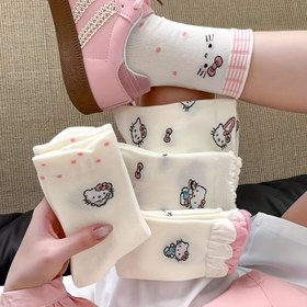 Resim 5'li Paket HY Unisex Orta-Baldır Çoraplar - Sevimli Karikatür Kedi & Tavşan Desenleri, Fırfırlı Kenar Tasarım, Karışık Renkler, Kadın ve Erkek için Nefes Alabilir İlkbahar/Yaz Günlük Çorapları, Eğlenceli Günlük Giyim, Gençlik Stili 
