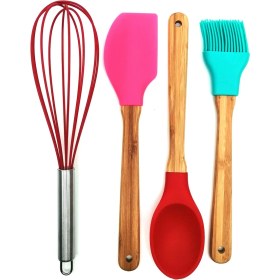 Resim Elegancev Metal Standlı Bambu Saplı Silikon Fırça Kaşık Spatula Seti-Rnkbkr 