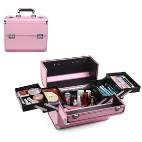 Resim Kilitli Büyük Taşınabilir Makyaj Tren Çantası Düzenleyici, Dört Tepsili Bölmeler İçerir 