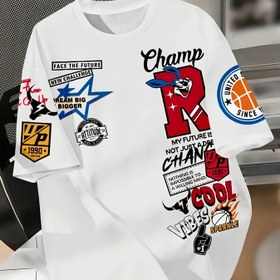 Resim Erkek 3D Grafik Baskılı Basketbol T-Shirt - Kısa Kollu Crew Neck Casual Üst "Şampiyon" Tasarımı ile, Yaz Spor Stili, Siyah Renkli Baskılı, Basketbol Gömleği 