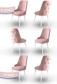 Resim Canisa Enoa Serisi, 1.sınıf Babyface Kumaş Beyaz Gürgen Ayaklı 6 Adet Pembe Sandalye, Gold Halkalı 