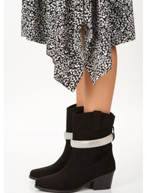 Resim Süet Taşlı Alçak Topuk Kadın Bot Siyah 