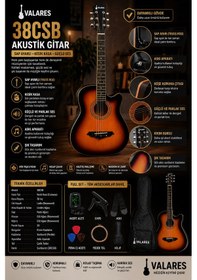 Resim Valares 38c Kesik Kasa Sap Ayarlı Akustik Gitar 38 4/4 Full Aksesuar Hediyeli Sunburst Suhr Burst 