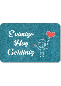 Resim Dijital Baskılı Kapı Önü Paspas Hoşgeldiniz Yazılı Çiçek Desen Ve Tavşan Iç Ve Dış Kapı Yıkanabilir Turkuaz 