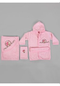 Resim %100 Pamuk Bebek Çocuk Bornoz Havlu Takımı Set Pembe 