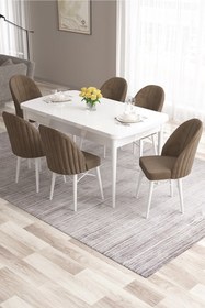 Resim Canisa Ves Serisi 80x132 Mdf Beyaz Masa 6 Kahve Sandalye Mutfak Masası Takımı 