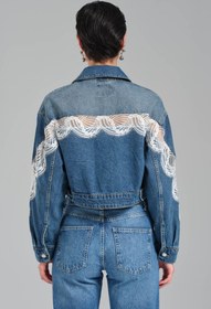Resim tw3 Kadın Mavi Kot Rengi Kolları Dantelli Loose Fit Tasarım Denim Ceket 