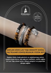 Resim OSMANLI DOĞAL TAŞ Kaplan Gözü-Lav Taşı-Hematit Doğal Taş Telkari Gümüş Bileklik Yüzük Seti 