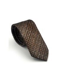 Resim Gaffy Gri Desenli Kahverengi Dokuma Kumaş Mendilli Slim Fit Kravat // Sdk-2602-4 Kahverengi 
