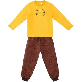 Resim Denokids Sevimli Kedi Erkek Bebek T-shirt Pantolon Takım Kahverengi - Sarı 