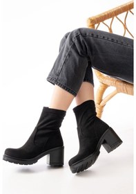 Resim 767-3040 Siyah Süet Günlük Kalın Topuklu Kadın Bot Beyaz 