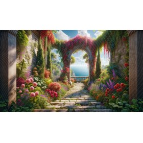 Resim Venspor Bahçe Manzaralı Deniz Görünümlü Çiçekli Arkaplan 200 x 150 cm Fon Duvar Örtüsü 