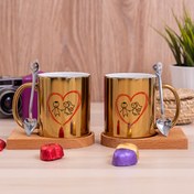 Resim Procity Evli Çiftlere Özel Ikili Ahşap Altlıklı Gold Kupa Bardak 