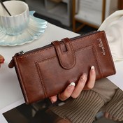 Resim Vintage Tarzı Kadın Uzun Cüzdan, Çoklu Fermuarlı Cepler & Kimlik Bölmesi - Hafif Minimalist Tasarım, Naylon Astar, Temizlemesi Kolay - Açık Kahverengi/Koyu Kahverengi/Kırmızı/Siyah 