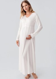 Resim Uzun Kollu Düğmeli Esnek Viskoz Hamile Sabahlık Gecelik Takım 18402 - Pudra / L 