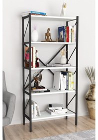 Resim Dekoratif 5 Raflı Kitaplık Metal Kitaplık Beyaz 