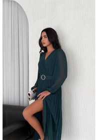 Resim Neşeli Butik Kadın Zümrüt Yeşil Piliseli Kemerli Şifon Elbise Nbk3028 Yeşil 