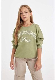 Resim Defacto Kız Çocuk Yeşil Relax Fit Bisiklet Yaka Baskılı Sweatshirt D3572A824AUKH461 Haki 