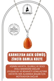 Resim OSMANLI DOĞAL TAŞ Karnelyan Akik Doğal Taş Gümüş Zincir Damla Kolye 