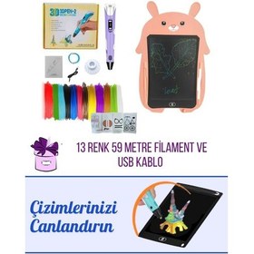 Resim Mor 3D Kalem & Pembe Tavşan Grafik Tablet Seti - 50 Metre Filament ve USB Kablo 