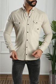 Resim Slim Fit Erkek Kot Gömlek Bej 