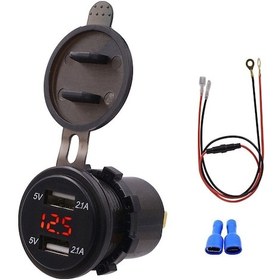 Resim Su Geçirmez Çift Usb Şarj Soketi Güç Çıkışı 2.1a Ve 2.1a Dijital Voltmetre Ile Ipad Iphone Araba Tekne Motosiklet Deniz Cep İçin Kırmızı Led Işık 
