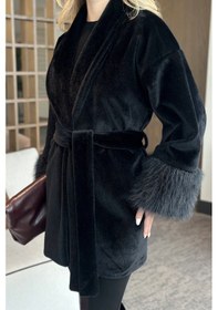 Resim Siyah Kolu Kürklü Kaşe Ceket - 2509 Siyah 