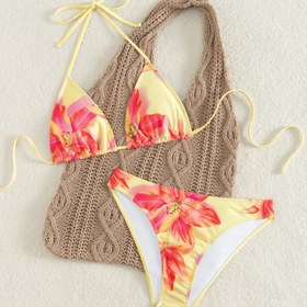 Resim Askılı Açık Sarı Seksi Bikini ve Baskılı Kumaştan Sırt Dekolteli Düşük Bel Tanga 
