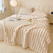 Resim 1 adet Rahat Çağdaş Çizgili Peluş Battaniye, Kalınlaştırılmış Polyester Kumaş, Çok Amaçlı Tüm Mevsim Yatak Örtüsü, Şekerleme, ve Evcil Hayvan Battaniyesi, 250-300Gsm 