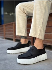 Resim Pabucmarketi Bağcıklı Keten Erkek Günlük Ayakkabı Siyah Beyaz Taban Renkli 