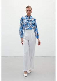 Resim Sateen Desenli Fular Yaka Gömlek - Mavi 